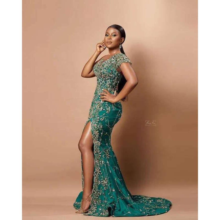 Arabic Plus Size Aso Ebi Hunter Green Mermaid Prom Dresses Lace Beaded High Split Evening Formal Party Second Reception Gowns Dress ZJ