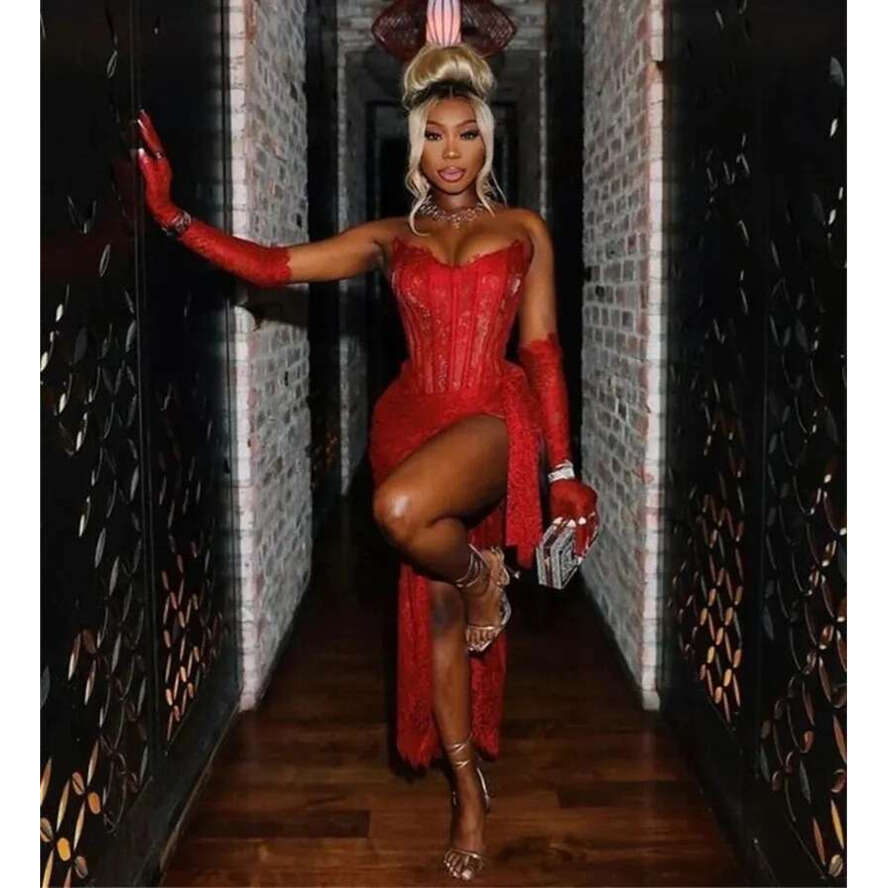 Red Sexy Short Lace Prom Dress Appliques Pleat High Slit Birthday Dresses Black Girl Elegant Evening Party Gowns For Women 2024 Robe De Soiree