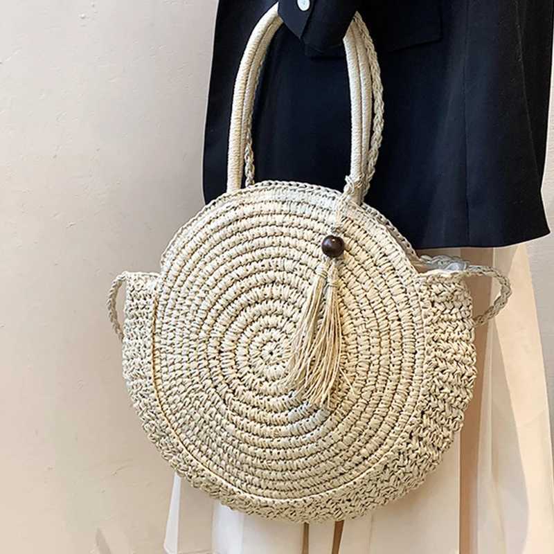 Round Straw Beach Bags For Women Large Capacity Braided Shoulder Bag Rattan Woven Totes Bag Shopping Basket Handbag Purse sac