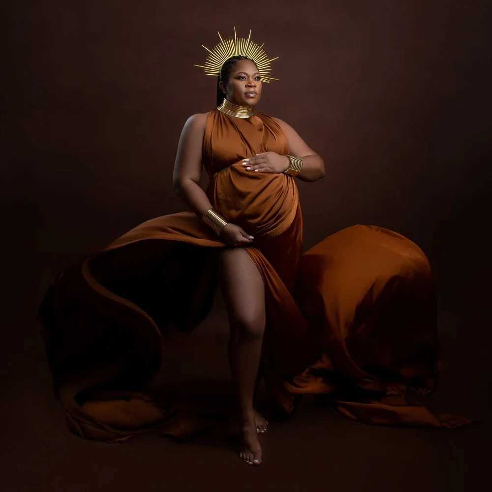 Pregnant Women Chiffon fabric Photography Dress Sexy Elegant Long Maternity Dresses Gold Leather African Accessories Posing Props X250224