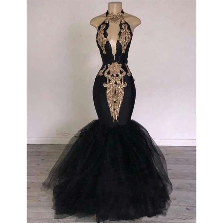 New Sexy Black Mermaid Prom Dresses Halter Keyhole Tulle Gold Lace Appliques Or Length Backless Formal Party Dress Evening Gowns Wear