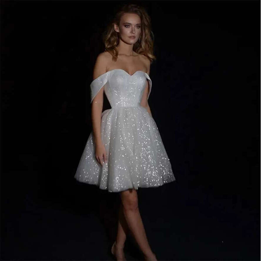 White Mini Graduation Dresses For Women Sparkg Tulle A-E Vestidos De Novia Princesa Sweetheart Off Shoulder Bride Party Homecoming Dress