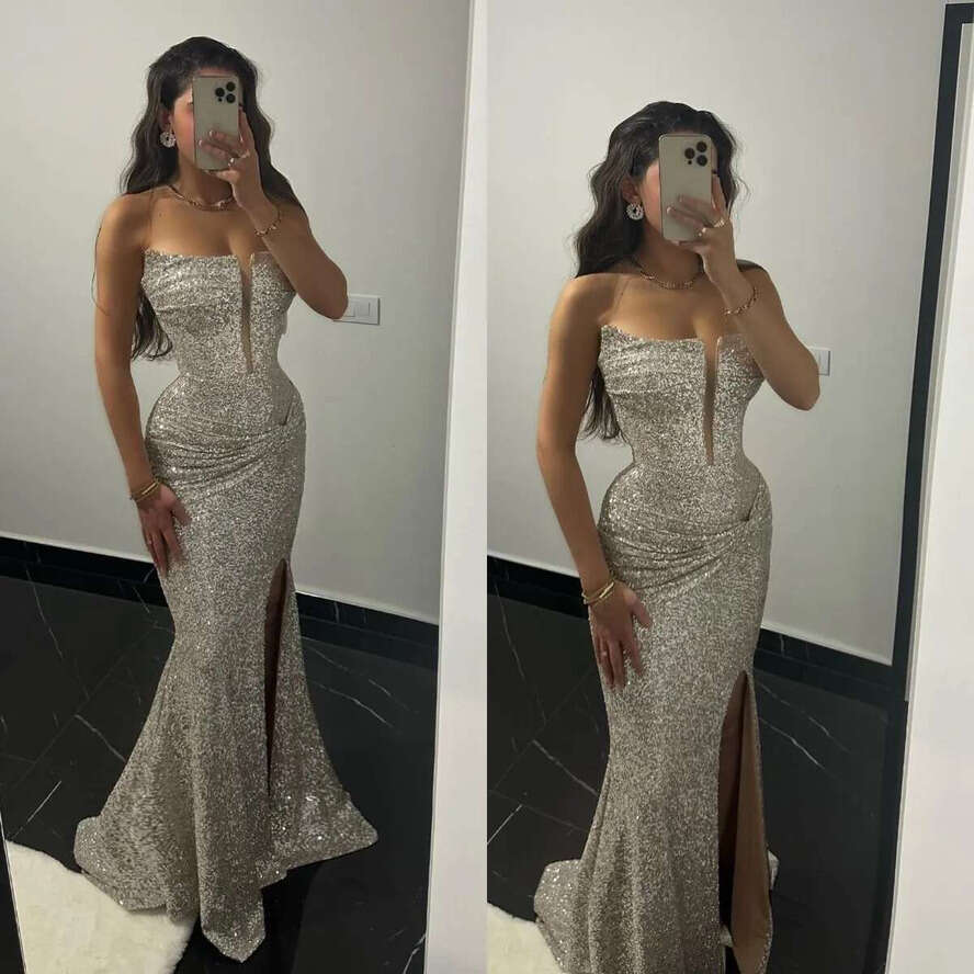 Mermaid Prom Sier Dress Strapless Sequins Formal Evening Dresses Elegant Ogstuff Party Gowns For Special Ocns Split Robe De Soiree Es
