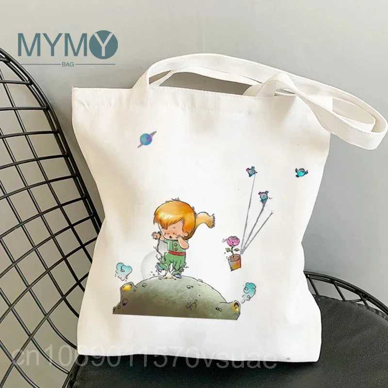 Little Prince Pattern Women Shoulder Bag Canvas Tote Bags Korea Style Reusable Shopping Bag Ladies Daily Versatile White Handbag Z250224