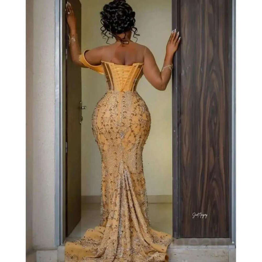 Gold Aso Ebi Arabic Mermaid Prom Dresses Beaded Crystals Urious Evening Formal Party Second Reception Birthday Engagement Gowns Dress ZJ