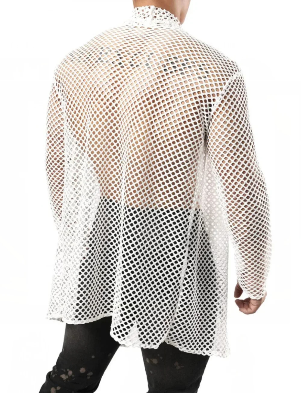 Sexy mens hollow long open plaid streetwear mens fashion perspective long sleeved T-shirt top 250222