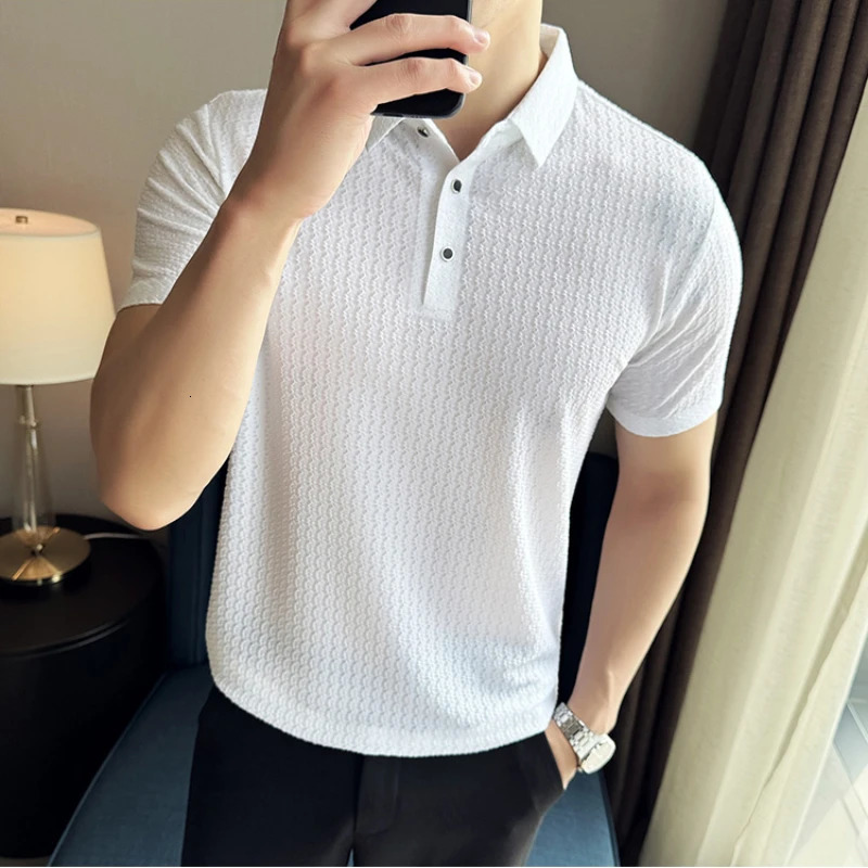 Clothing Mens Casual Polo Shirt Solid Color Texture Lapel Breathable Leisure Tees for Men Summer Light Knitwear 250224