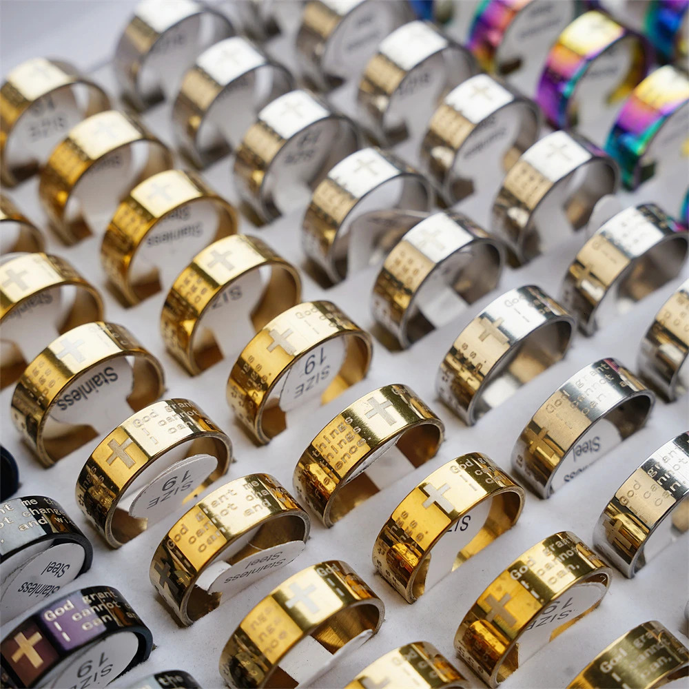 50Pcs/Lot Jesus Love Christianity Bible Cross Faith Pray Stainless Steel Ring Jewelry For Women Men Believer Mix Color Wholesale 250218