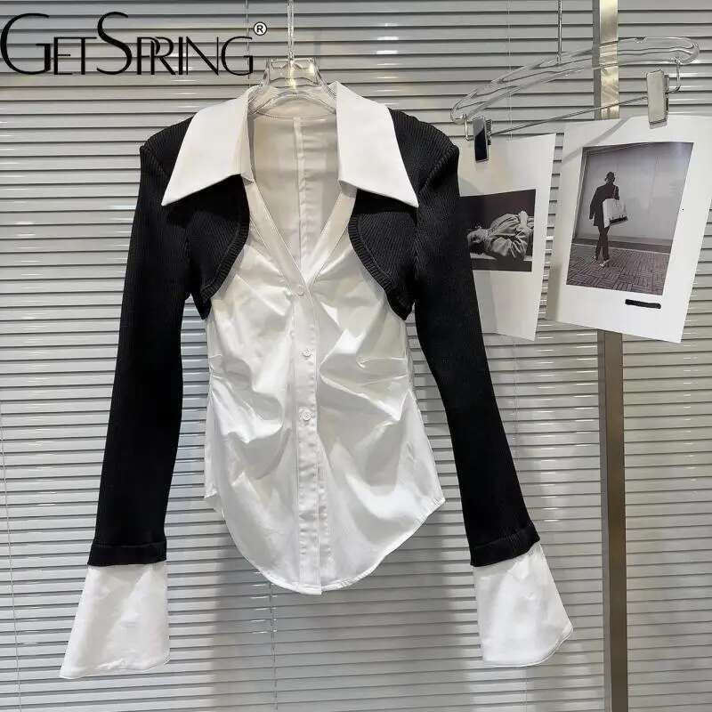 Getspring Women Shirt 2025 Spring Knitted Shawl Spliced Black White Color Matching Fake Two Slim Fit Blouse All Match Ladies Top