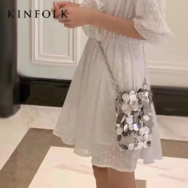 Women Glitter Handbag er Silver Metal Sequin Chain Woven Bag Evening Bags Clutch Travel Holiday Shoulder Bag Handbag 250218