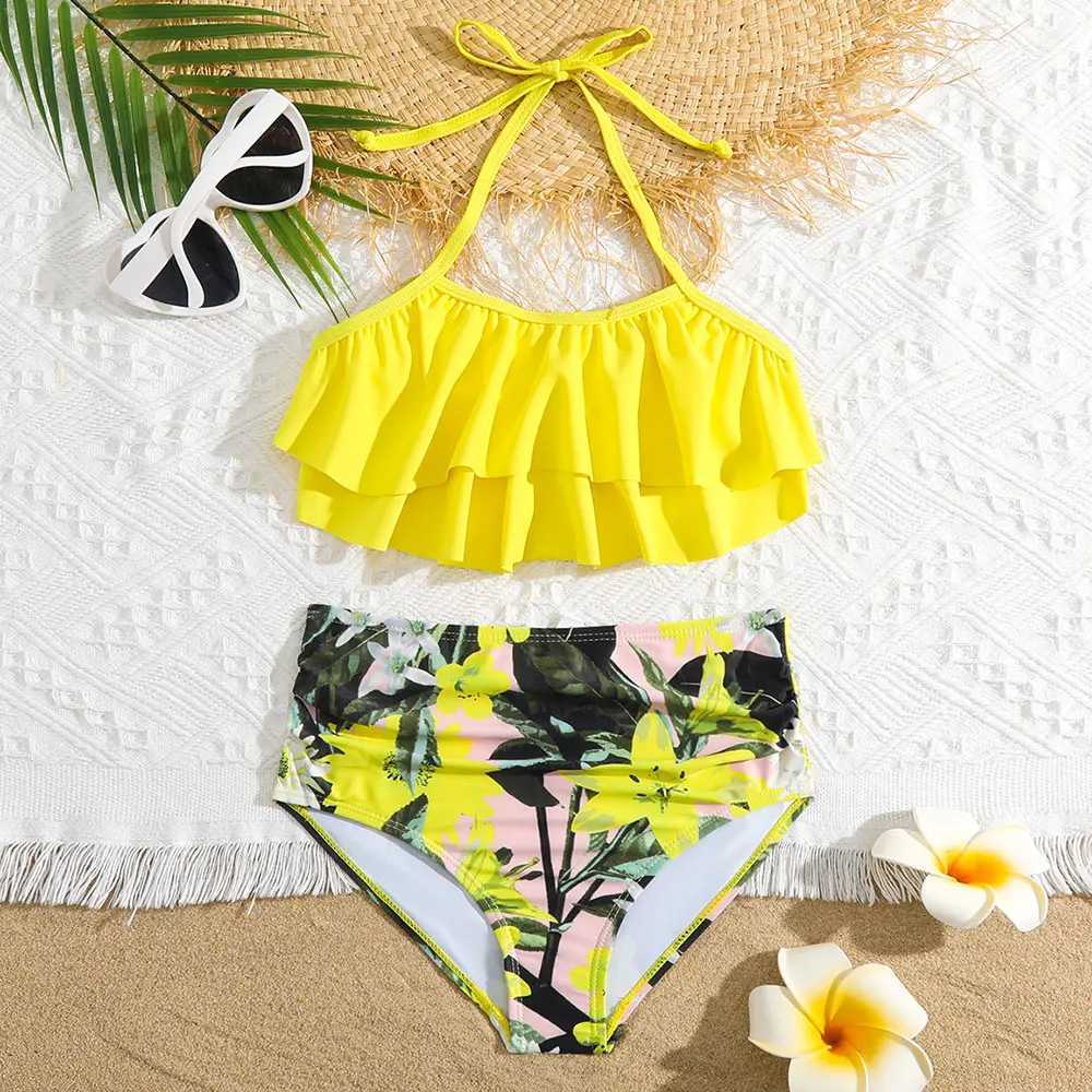 Girl Ruffle Hem Floral Bikini Swimsuit Kids High Waist Two Piece Childrens Swimwear 5-14 Years Halter Top Swimming Bathing Suit X250224