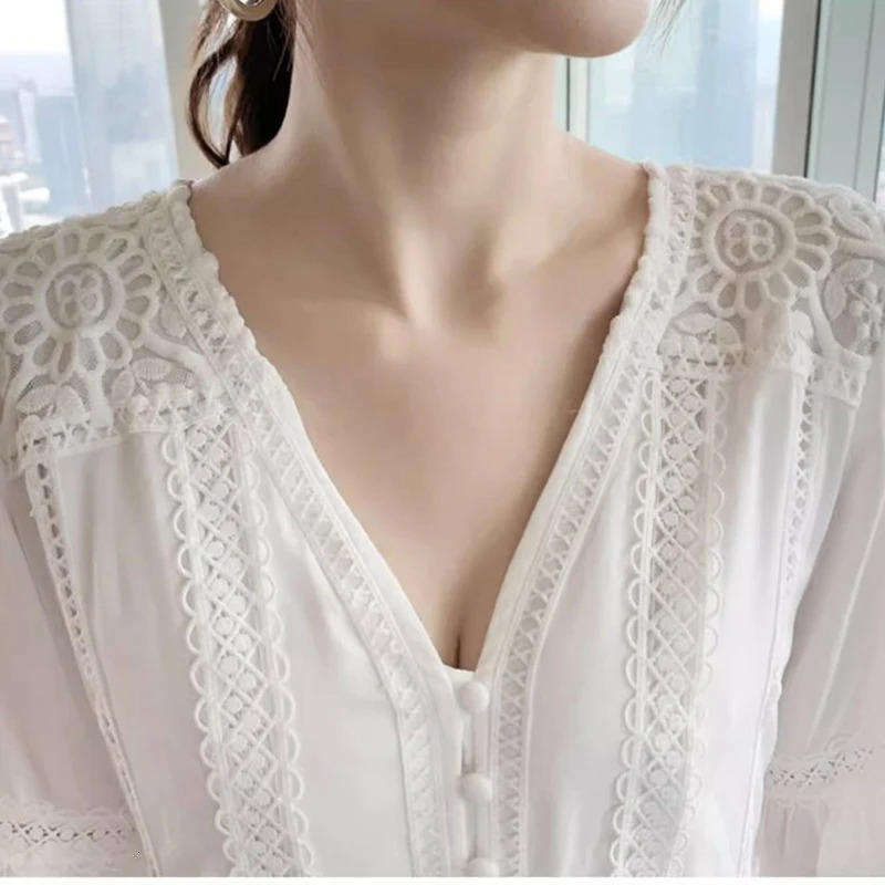 Womens Long White Dress V Neck Dark Lace Dresses Elegant Loose Boho Beach Summer Vintage Party Dresses lady Y2K 250222