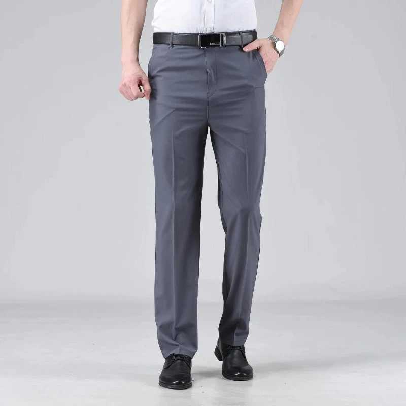 Simplicity Summer Solid Ice Silk Pants Mens Quick Drying Zip Fastener Pockets Smart Casual High Waist Straight Suit Trousers W250225