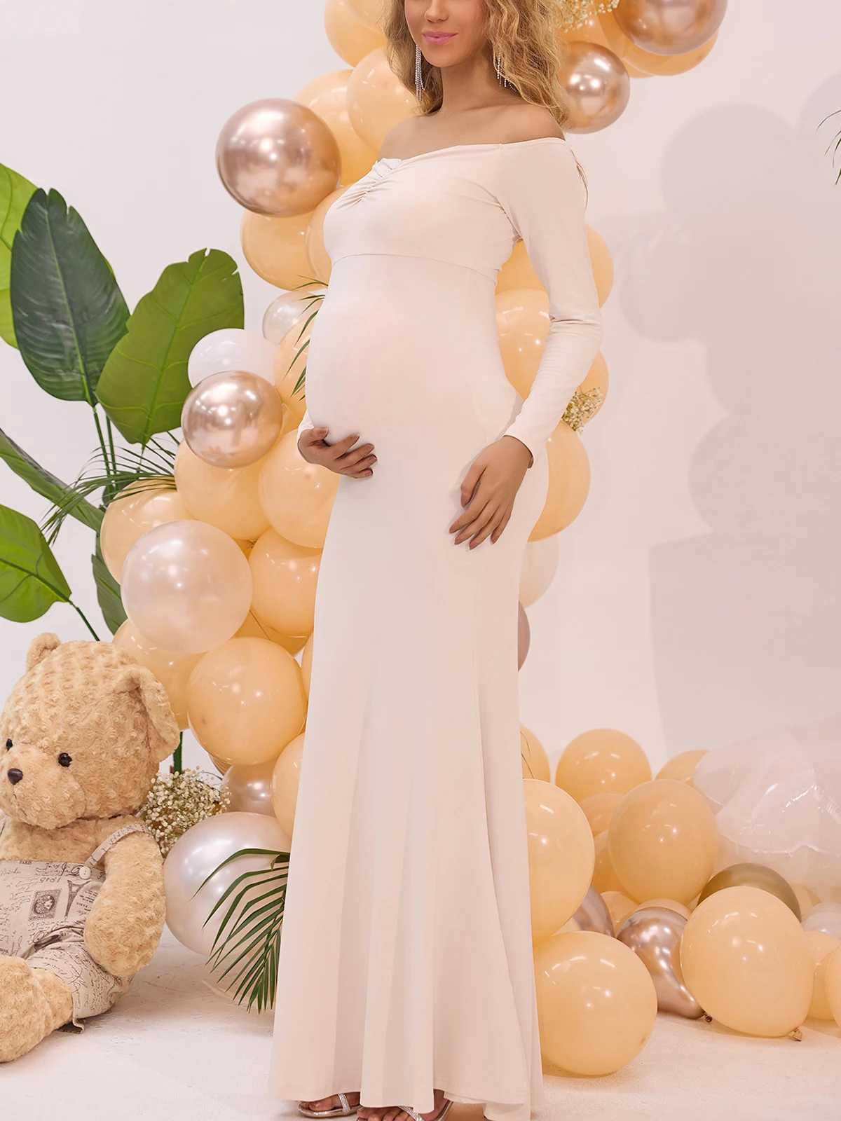 ItsRoya Off Shoulder Solid Ruched Maternity Dress Long Sleeves Pregnant Photography Props Dress Slim Mermaid Party Evening Gowns X250224