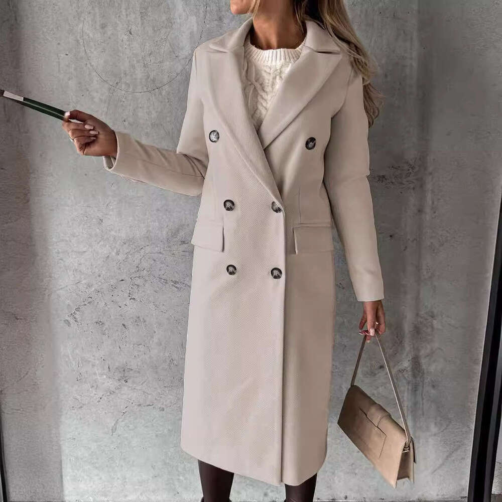 Women's Spring New Versatile Woolen Coat Solid Color Long Sleeve Double Breasted Insert Bag