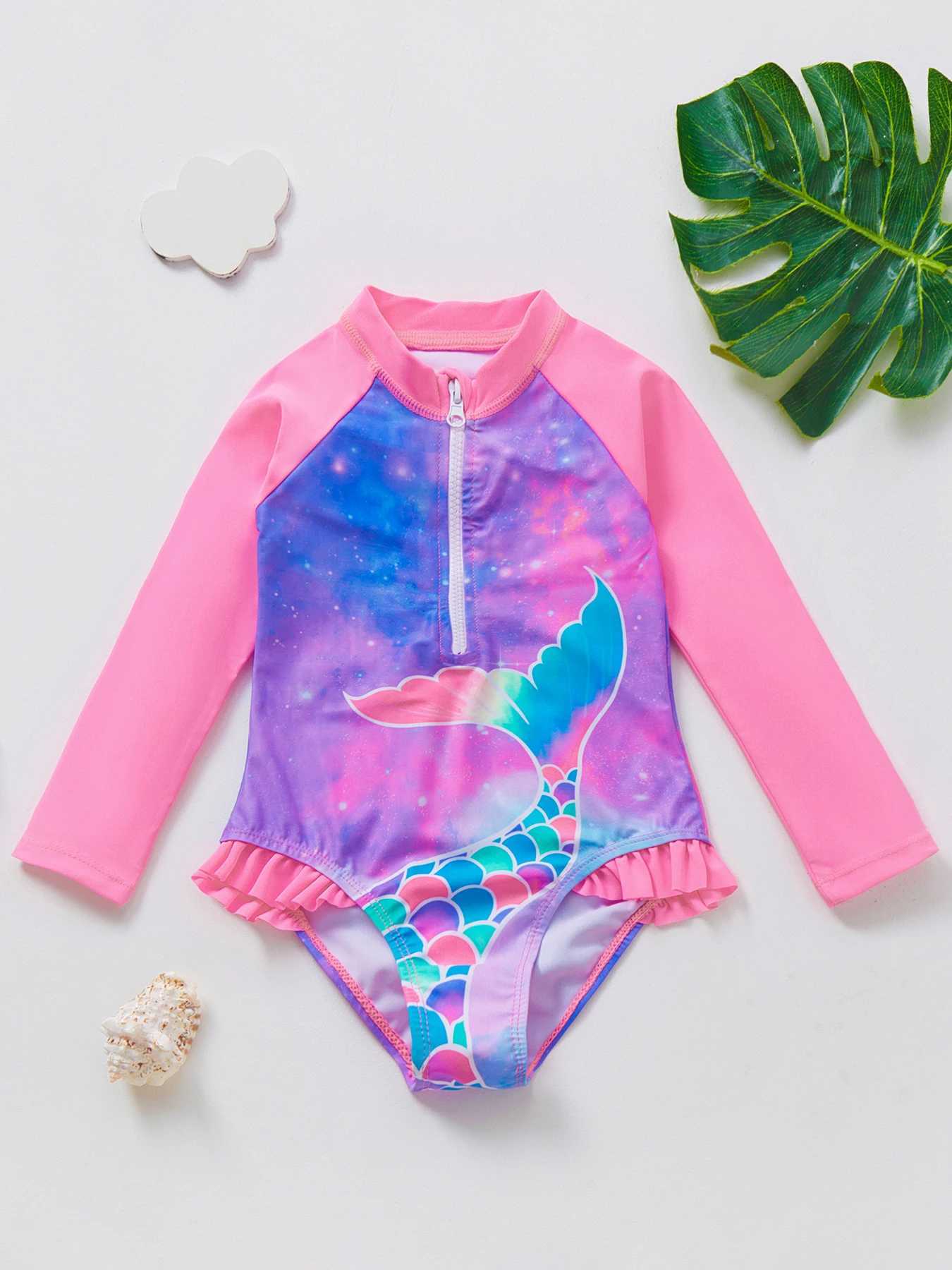 Mermaid Fish Scale Girls Rash Guard Set One Piece Swimwear for Kids X250224