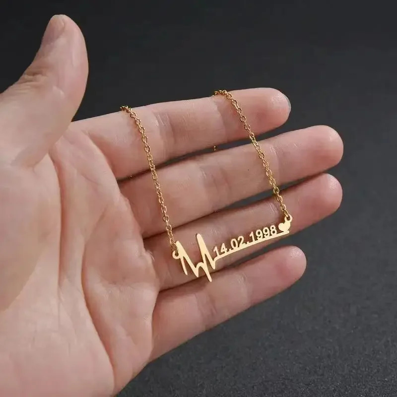 Custom Name Heartbeat Date Necklace Stainless Steel Jewelry Birthday Gift for Wife Lucky Numbers Pendant Women Chokers 250117
