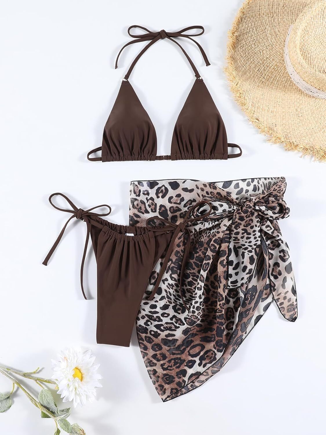 2025--Women's 3-piece bikini set sexy swimsuit hanging neck beach skirt swimsuit