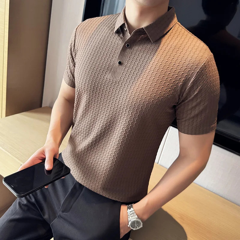 Clothing Mens Casual Polo Shirt Solid Color Texture Lapel Breathable Leisure Tees for Men Summer Light Knitwear 250224