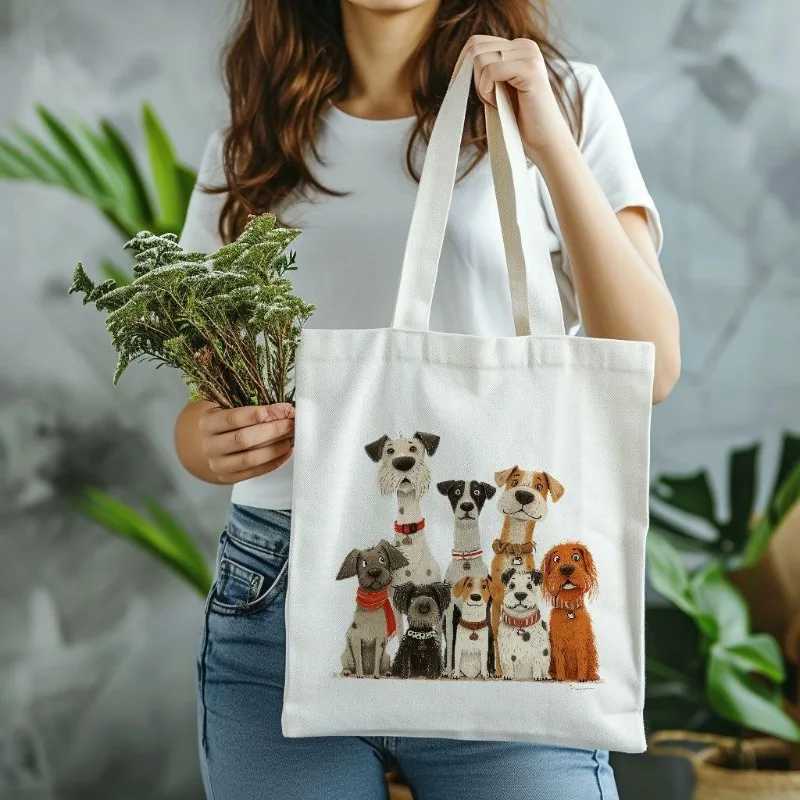 Cute Dogs Print Tote Bag Casual Cotton Canvas Shoulder Bags for Women Shopping Hand Wash Open Top Fixed Daily Accessory Decor Z250224