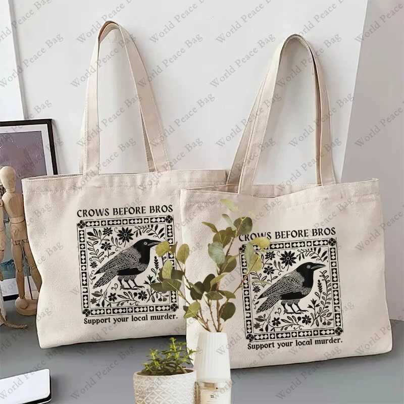 1 pc Crows Before Bros Vintage Crow pattern Tote Bag Canvas Shoulder Bag For Travel Daily Commute Womens Reusable Shopping Bag Z250224
