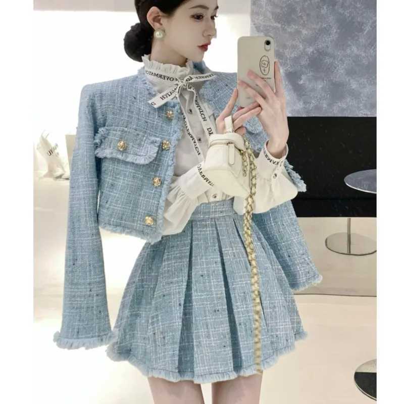 High Quality Tassel Design 2-Piece Sets Women Tweed Autumn New Solid Outfits Long Sleeve Short Jacket Coat + Pleated Skirt SuitsT250224