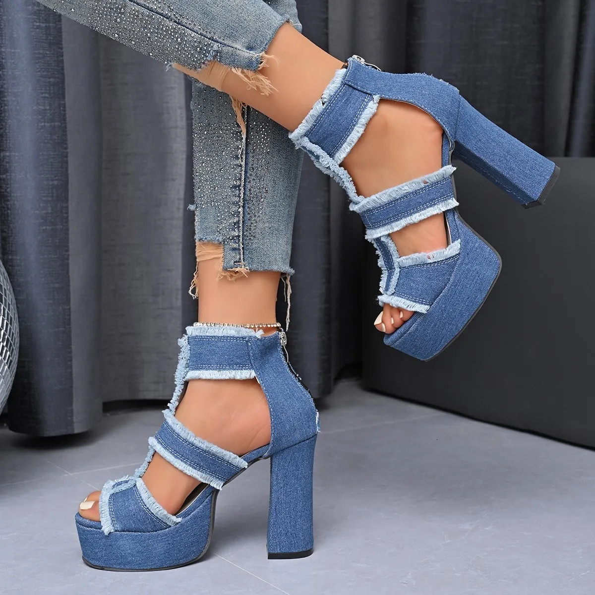 Summer Women Sandals Platform Blue Denim Ankle Strap High Heels Shoes for Women Fashion Outdoor Sexy Peep Toe Sandals Women 250218