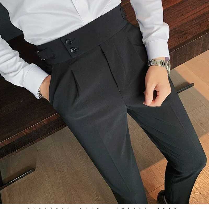Mens High Quality Elegant Slim Dress Pants Naples Suit Pants High Waisted Italian Business Formal Social Trousers Banquet Wedding W250225