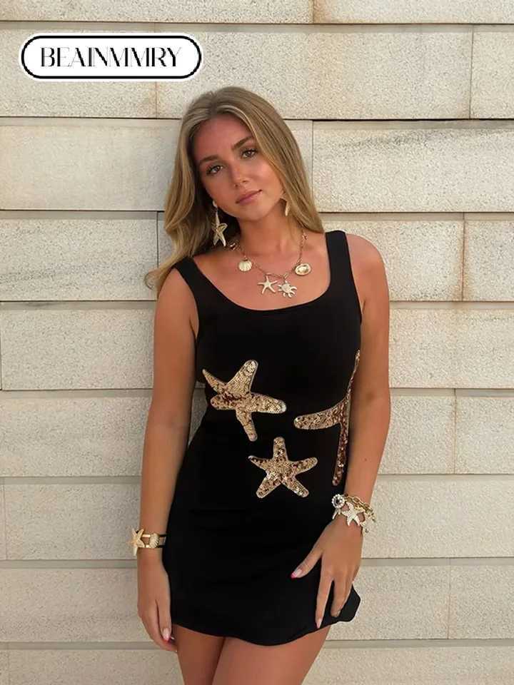 Fashion Star Sequin Pattern Bodycon Mini Dress Sexy Square Neck Sveless Pleated Hem Tank Robes 2025 Spring Party Club DressesXJ250224