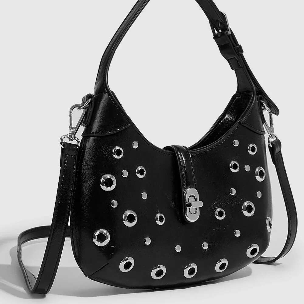 Rivet Handbags Half Moon Underarm Bags For Women Designer PU Leather Crescent Shoulder Bag Black Purses NEW
