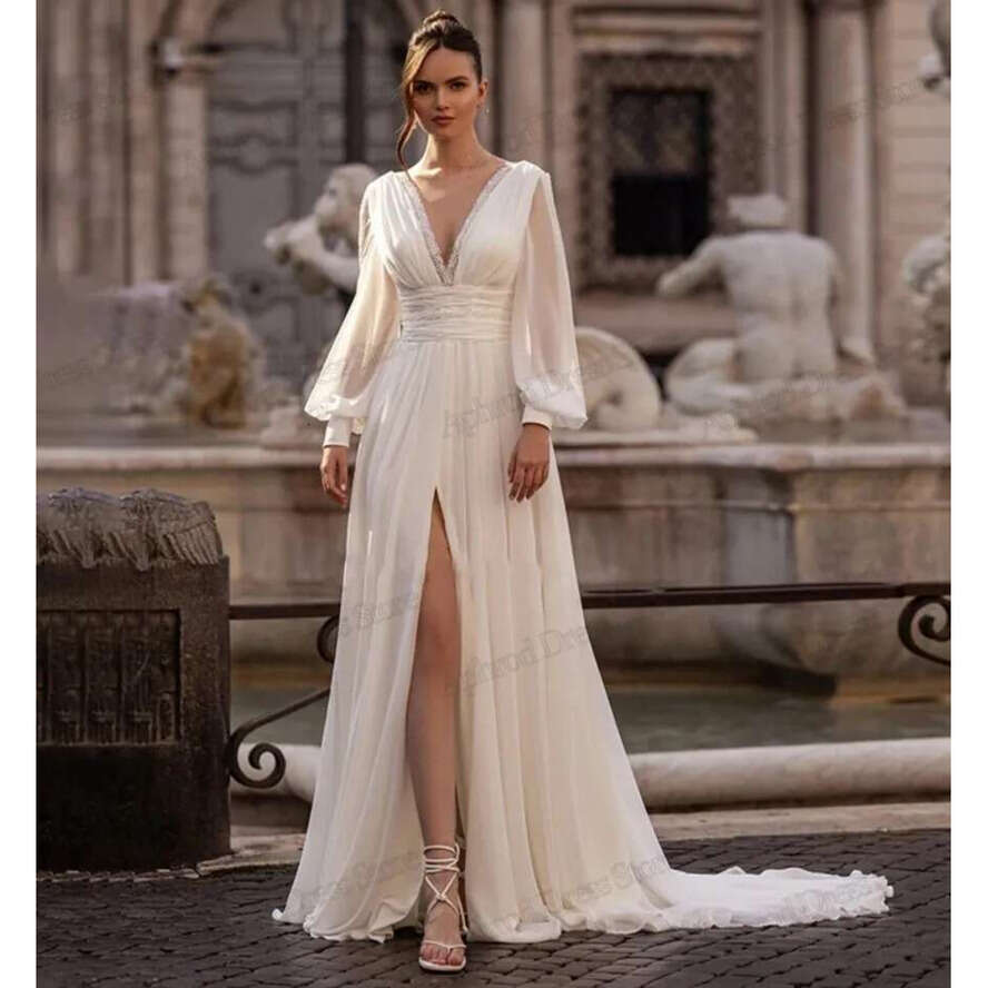 Arrival New Wedding Dresses Deep V Neck Long Puff Sleeves A E Chiffon Silt Bridal Bride Formal Gowns Vestidos De Noiva