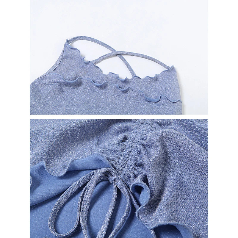 Gtpdpllt Glitter 2 Pieces Set Women Frilly Backless Halter Top And Drawstring Mini Skirt Sexy Summer Outfits Women Beachwear 250224