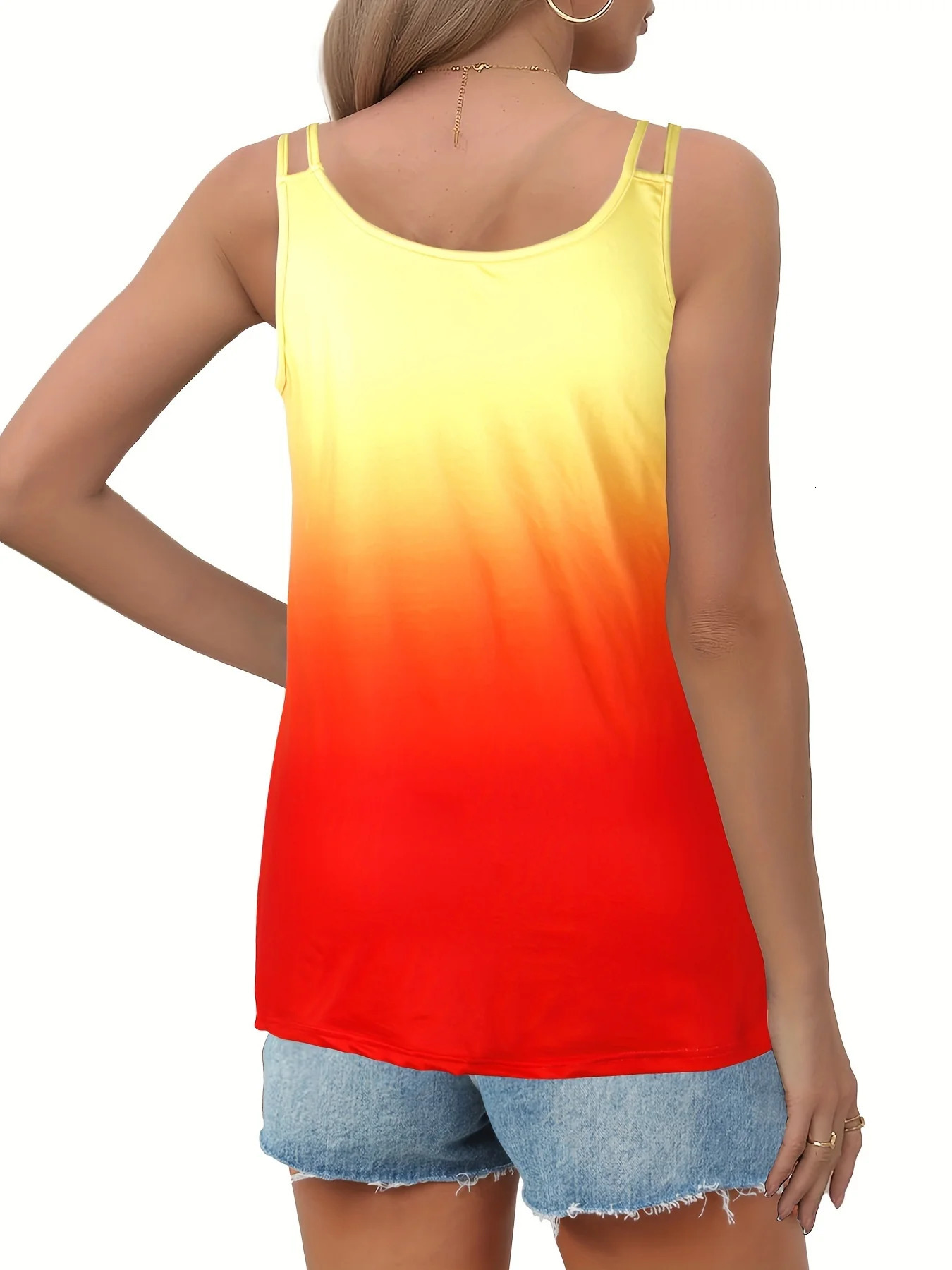 Plus Size Womens Summer Tank Top Gradient Sunset Palm Tree Print Sleeveless Casual Loose Fit Holiday Beachwear 250224
