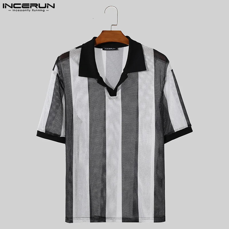 INCERUN mens summer hollow striped top casual mens lapel short sleeved shirt S-5XL top three way oversized chemical 250222