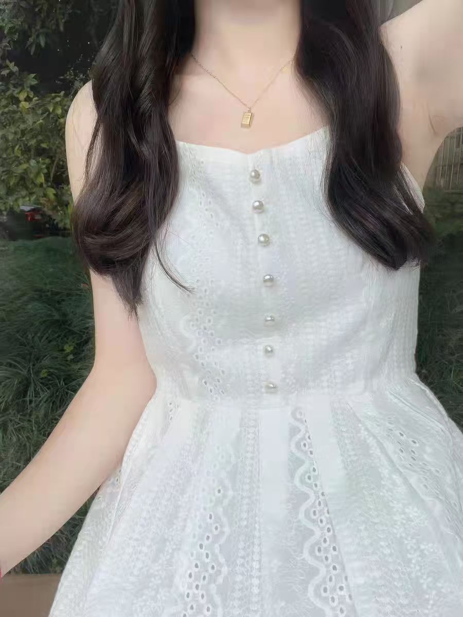 H51801 new French waist a-line suspender skirt female first love petite seaside vacation white dress