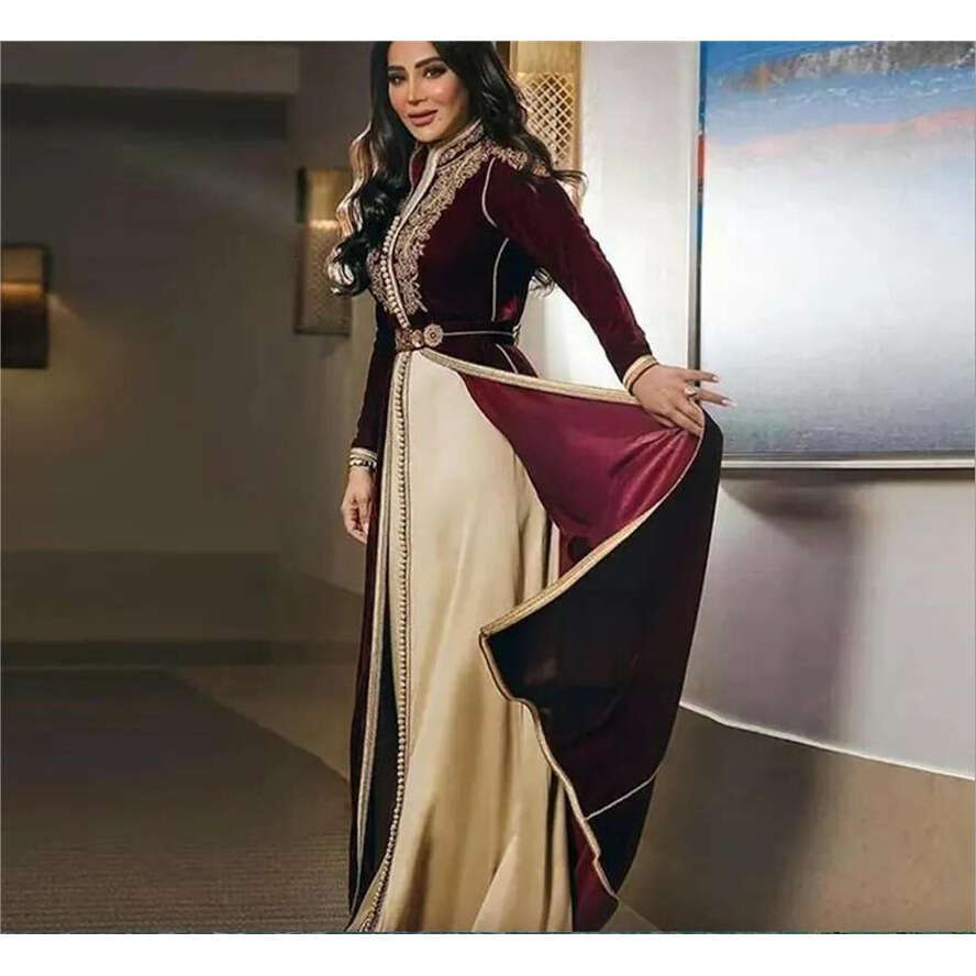 Vintage Bury Moroccan Kaftan Evening Dress 2024 V Neck Long Sleeve Gold Lace Arabic Prom Dresses Beaded Formal Party Gowns Vestidos Robe De Soiree Mar