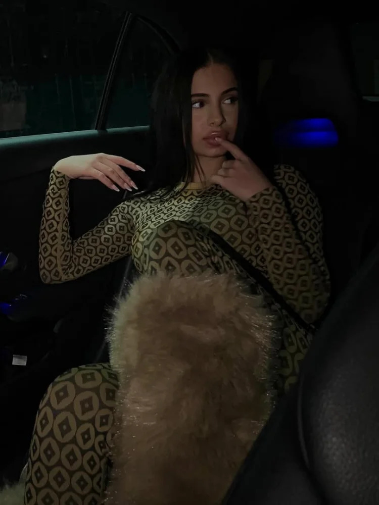 2025 Elegant Printed Round Neck Bodycon Tops Sets Womens Chic Slim Fitted High Waist Tight Trousers Suit Lady Street Outfit 250224