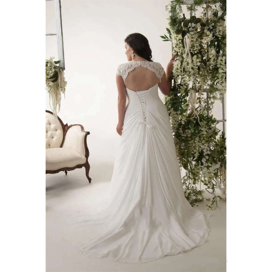 V-Neck Cap Sleeves Plus Size Wedding Dresses Chiffon Appliqued Lace Open Back Drape Side Ruched Bodice Bridal Gown 28W
