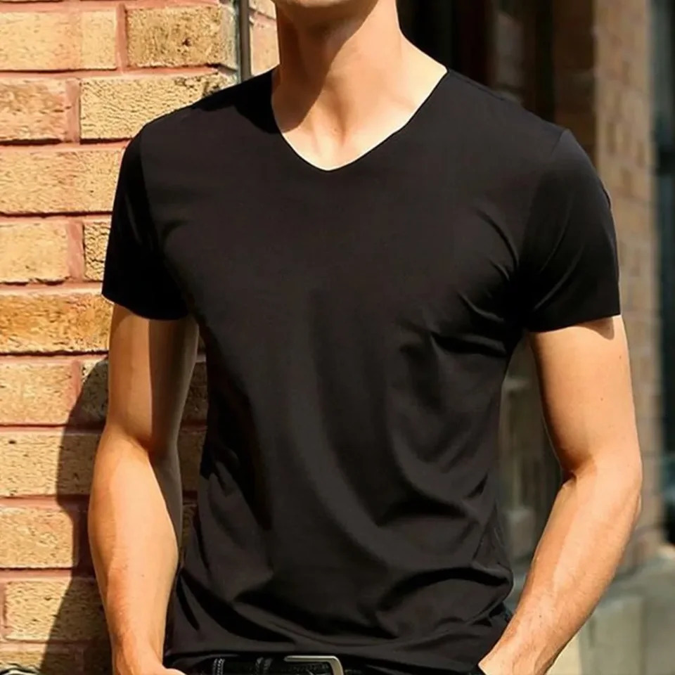 Mens T-shirt Ice Silk Seamless Short Sleeve Blouse Summer Cool V-Neck Slim Fit Everyday T Shirts Breathable Basic Clothing 250225