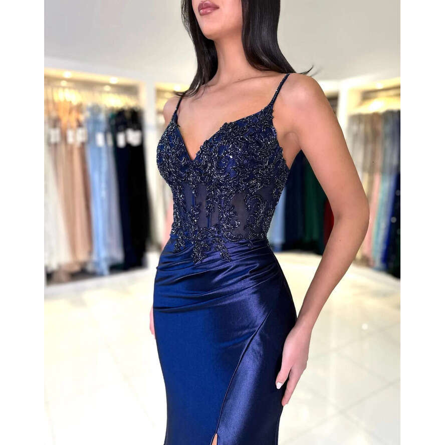Navy Blue Mermaid Prom Spaghetti Beads Appliques Evening Elegant Dresses Split Bridesmaid Dress Satin Train For Special Ocns