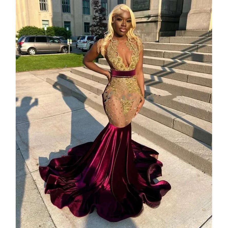 Gold And Bury Prom Dresses For Black Girls Veet Mermaid Evening Gowns Rhie Vestidos De Gala 2024 Party Dress