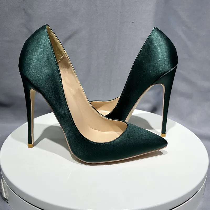 Dark Green Satin Women Pumps Party Dress Nightclubs Slip on 10Cm High Heels Female Shoes Size 33-45 250311