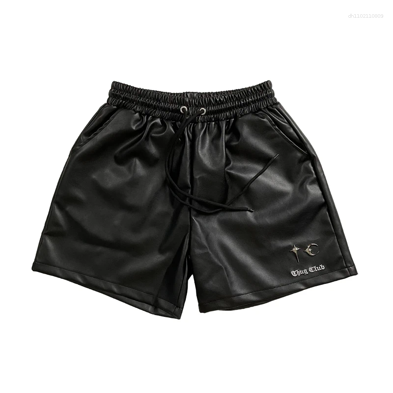 Men's Shorts High Street Vintage Metal Logo PU Leather Short Pants Summer Men Women Loose Drawstring Casual Trousers
