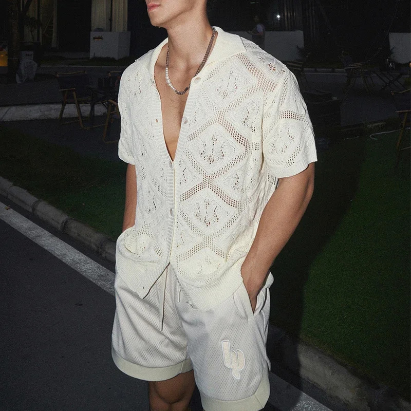 Sexy Mens Hollow Out Knit Shirt Vintage See Through Breathable Knitting Shirts Men Summer Stylish Solid Color Short Sleeve Tops 250222