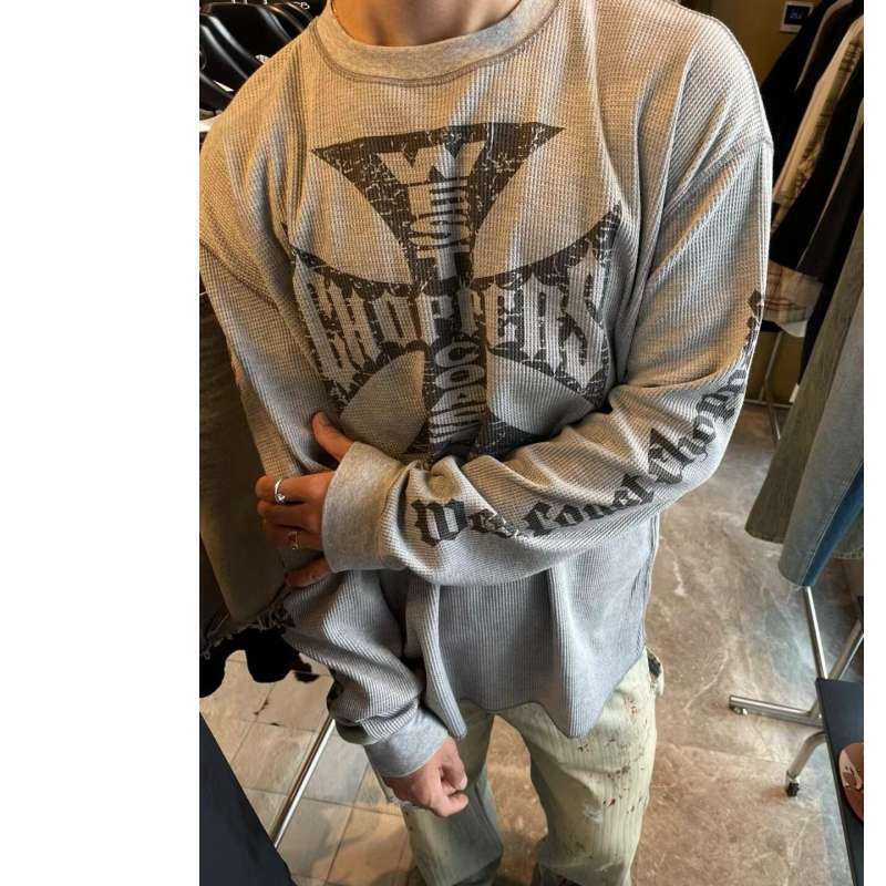 Large fashion brand Waffle fabric men's casual American Gothic style long sleeved T-shirt base shirt for spring