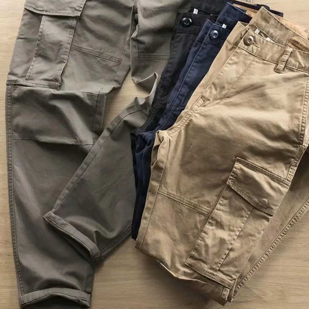 Mens solid color multi pocket straight casual cargo pants lightweight autumn pants W250225