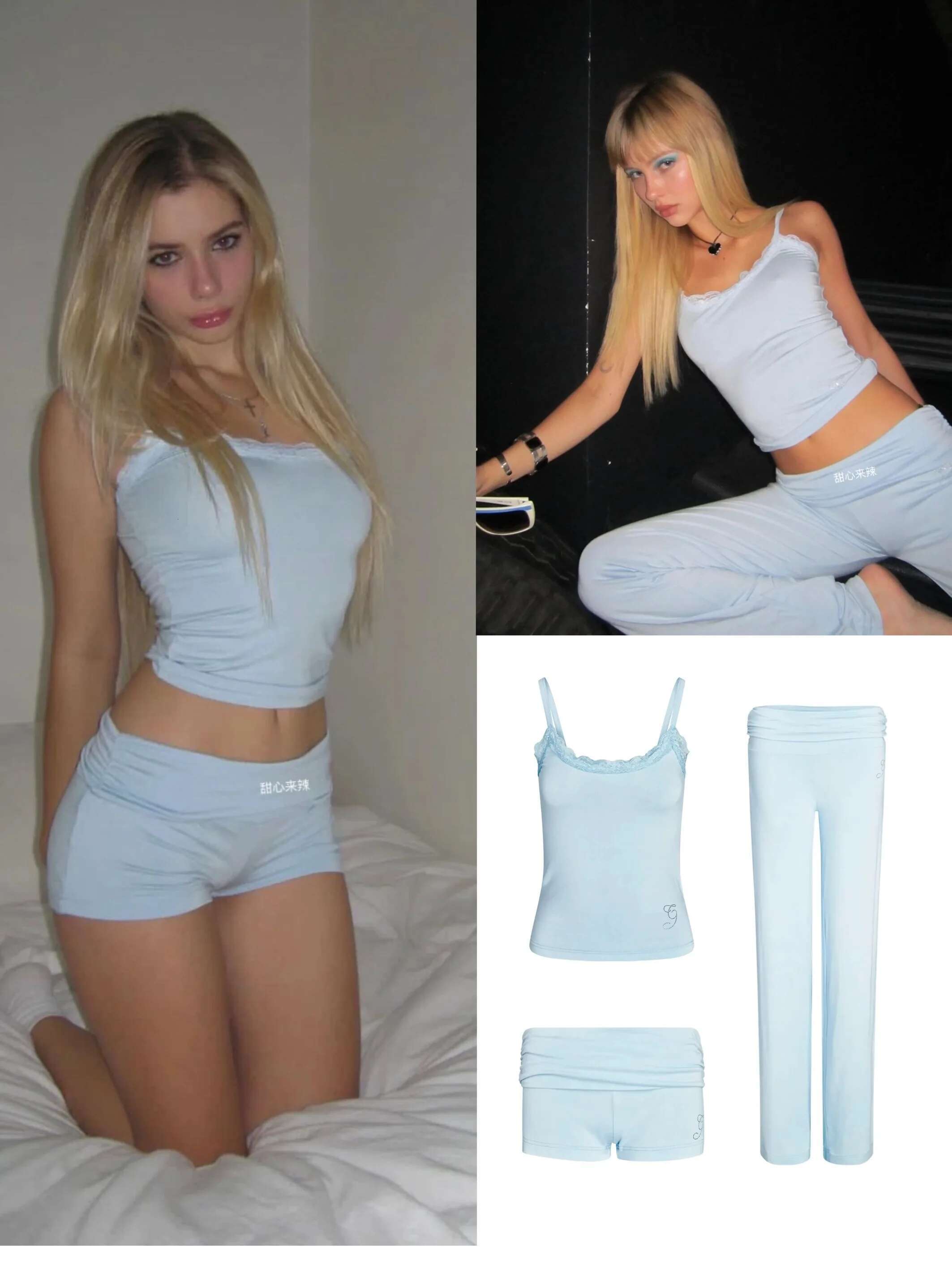 Iamgia Super Comfortable Tender Powder Press Drill High Elastic Cotton Lace Halter Tank Shorts Straight Pants