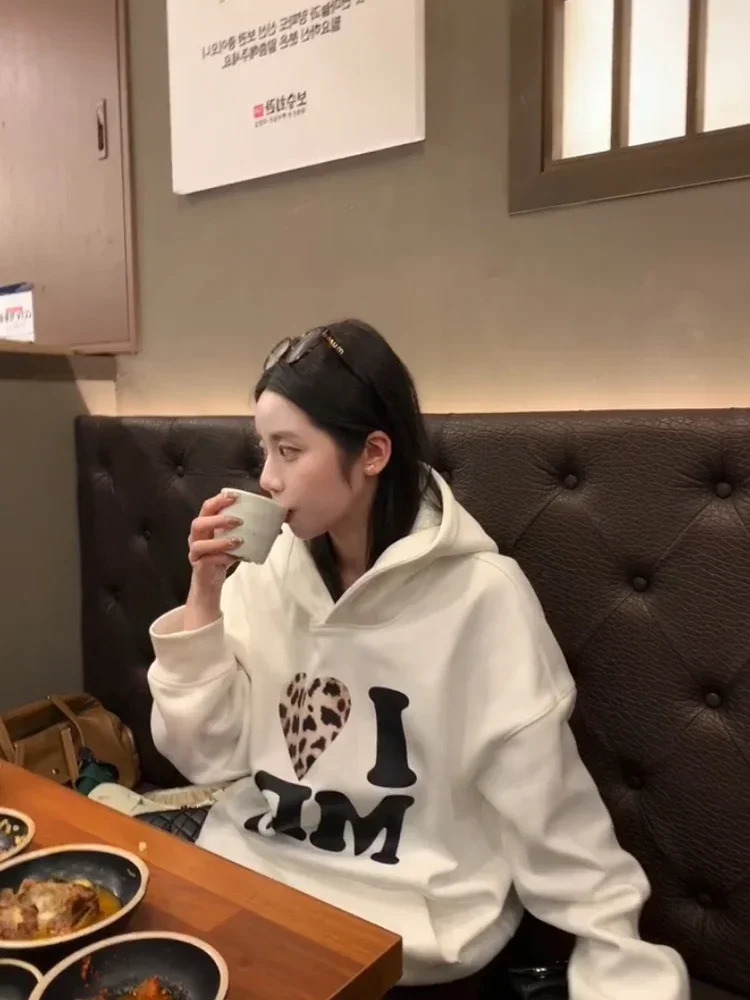 Women Hoodies Leopard Print Letters Hood White Hoodie Women Autumn and Winter Thickened Loose Pullover Sweater 250225