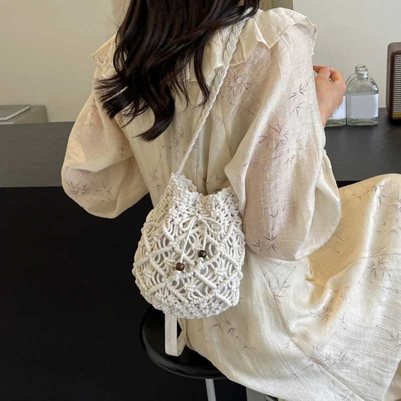 Handmades Knitting Bags For Wonmen Fashion Cotton Thread Bucket Bag With Drawstring Portable Shoulder Bag Summer Beach Purses