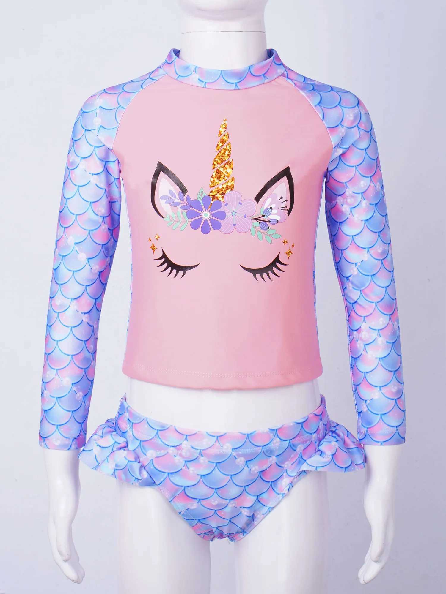 Girls Summer Printed Swimsuits Children Toddler Long Sleeve Tops Briefs Bikini Set Bathing Suits Beachwear Swimwear 4-16 Years X250224